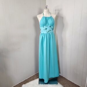 Vintage Blue Floral Halter Maxi Dress 60s 70s Boho Bohemian Hippie Romantic